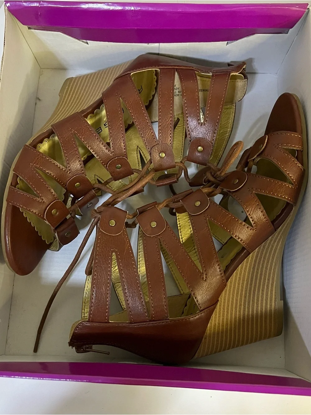 Rampage Cognac Brown Strappy Lace-Up Wedge Sandals